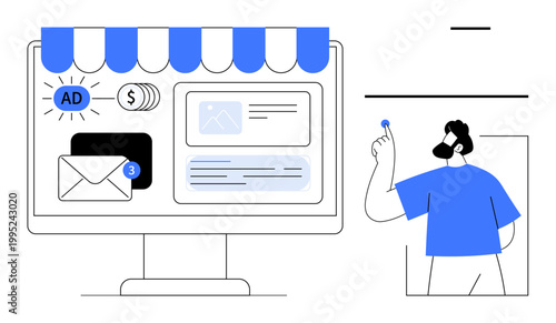 Digital marketing, advertising, online shopping, email notifications, content creation, e-commerce solutions. A computer screen shows ads, notifications and content. Digital marketing