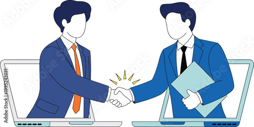 Two business professionals shaking hands in office meeting with warm lighting and professional attire
