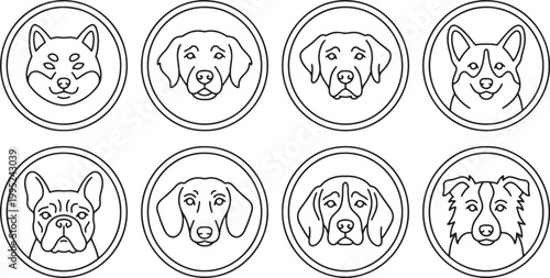Set of circular minimalist dog breed head portraits for pet services