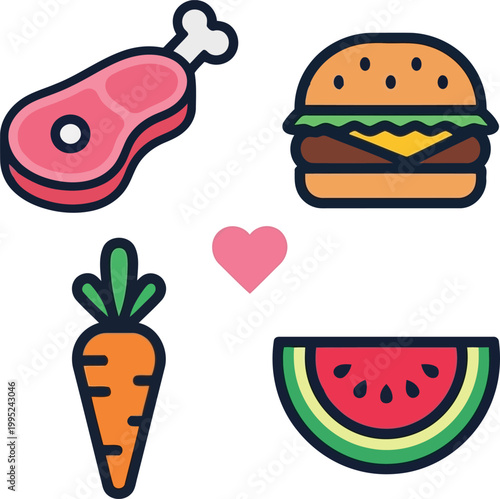 Set of colorful food icons featuring a meat bone, a cheeseburger, a fresh carrot, a slice of watermelon, and a small pink heart symbol
