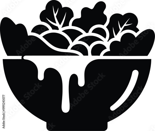 Black and white icon of a fresh vegetable salad bowl with leafy greens and dressing