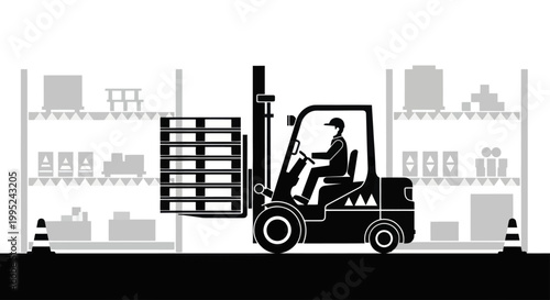 Forklift operator moving pallets in a warehouse.