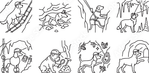 Brave miner dogs exploring caves with helmets lights and mining tools