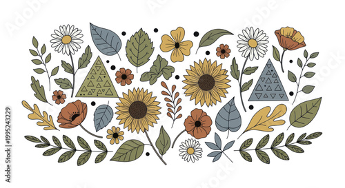 Hand drawn floral arrangement with sunflowers poppies and leaves botanical illustration.
