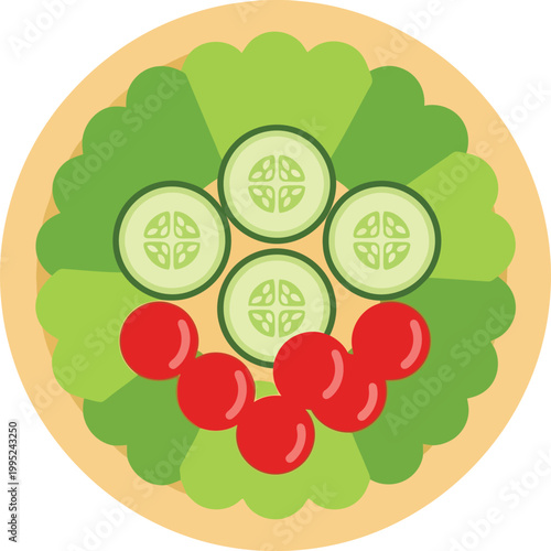 Fresh vegetable salad bowl with green lettuce slices of cucumber and red cherry tomatoes for healthy food diet and nutrition concept vector icon illustration