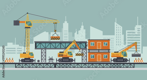 Heavy construction machinery actively working on a building site.