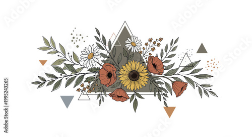 Floral arrangement with sunflowers poppies and geometric shapes.