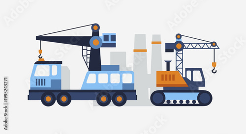 Heavy construction machinery with cranes and trucks at work.