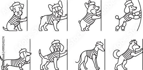 Humorous French style dogs wearing berets and striped shirts acting as mimes