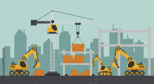 Heavy machinery actively building a new urban structure.