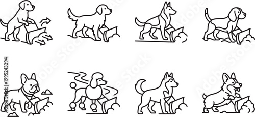 Various dog breeds clearing winter snow with manual snow plows