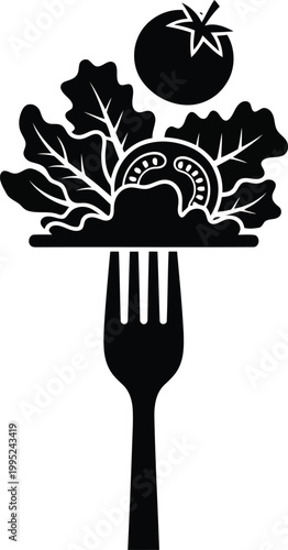 Black silhouette icon of a fork with fresh salad leaves and tomato slices representing healthy food eating lifestyle and vegetarian diet concept