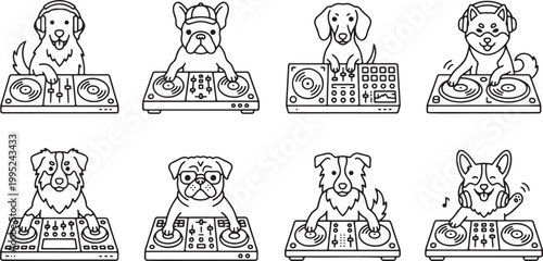 DJ dog collection performing music on mixing consoles and turntables for party entertainment