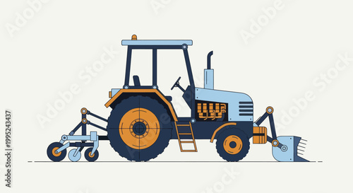Heavy-duty farm tractor with front loader and rear plow attachment.