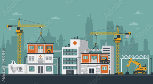 Hospital Construction Site with Cranes and Medical Buildings.