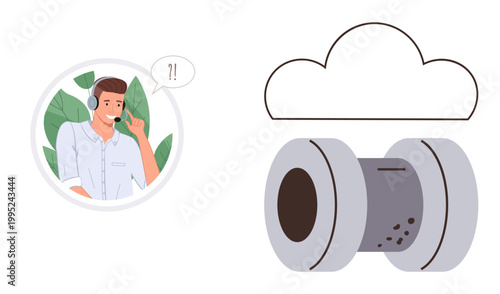 Customer service, cloud technology, data transfer, remote assistance, communication, technical support. Customer service operator talking on a headset and a cloud-linked data pipeline. Customer