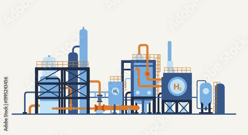 Hydrogen production plant with industrial facilities and pipelines.