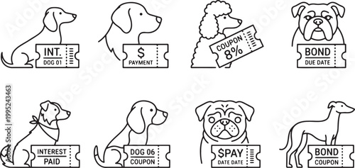 Dogs holding financial investment tickets for bonds and coupons