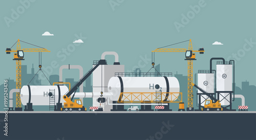 Hydrogen Production Plant with Storage Tanks and Cranes.