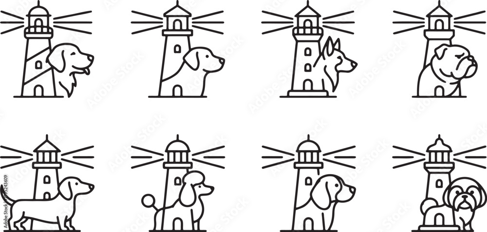 Fototapeta premium Creative dog silhouettes combined with nautical lighthouse symbols for navigation