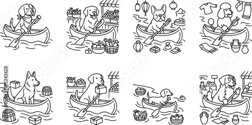 Canine characters paddling canoes and transporting goods on river markets