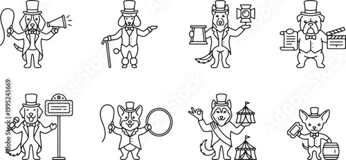 Circus dogs in formal top hats performing as ringmasters and entertainers