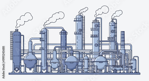 Industrial chemical plant with smoking chimneys and complex piping system.