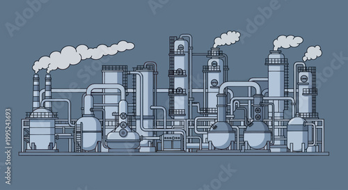 Industrial chemical plant with smoking chimneys and complex piping system.
