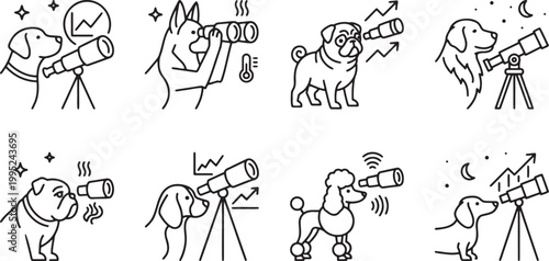 Dogs using telescopes and binoculars for star observation and data analysis