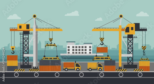 Industrial cranes loading containers onto trucks at a busy construction site.