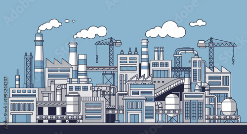Industrial factory complex with multiple buildings and smokestacks.