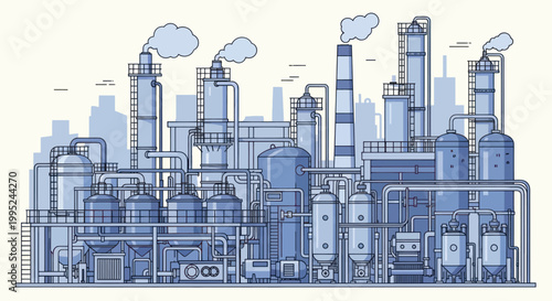 Industrial factory complex with multiple smokestacks emitting smoke.