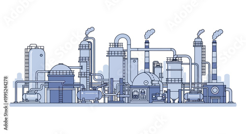 Industrial Factory Complex with Multiple Structures and Chimneys Emitting Smoke.