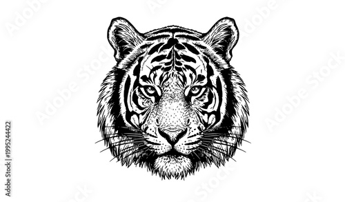Cuadro en lienzo Sumatran tiger portrait in black and white line engraving style detailed wildlif