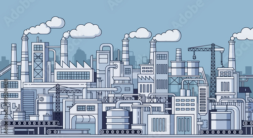 Industrial Factory Complex with Smoking Chimneys and Buildings.