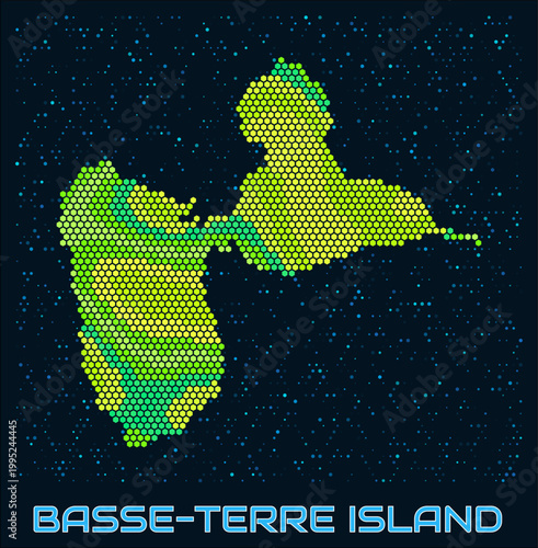 Basse-Terre Island hexagon dots map. Digital style boundary shape. Basse-Terre Island map and title. Tiny green colored hexagons, sparse blue dots at background. Vector Illustration.