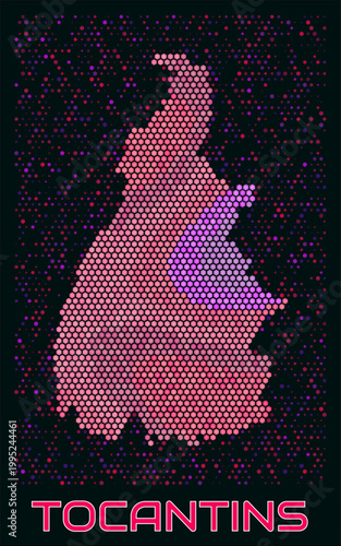 Tocantins digital style hexagon map. Vibrant magenta purple pink neon dotted shape. State tiny bright hexagon cells. Tocantins honeycomb map design. Creative Vector Illustration.