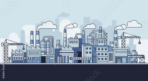 Industrial factory complex with smoking chimneys and cranes.