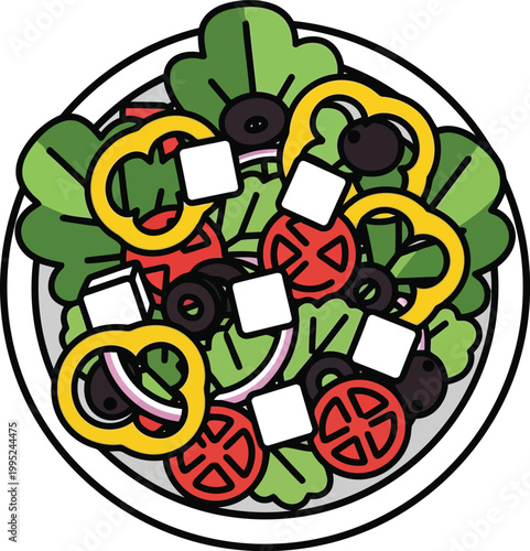 Fresh Greek salad in a bowl with lettuce peppers olives tomato and feta cheese