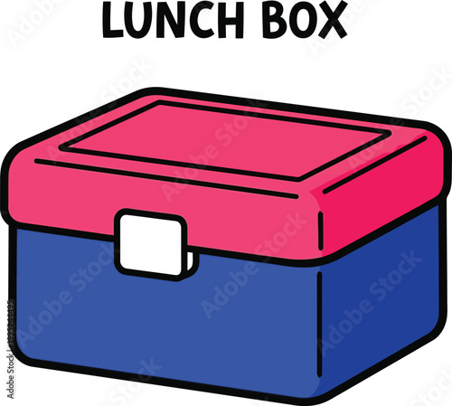 A colorful lunch box for school and work with a pink lid and blue base in a simple cartoon drawing style