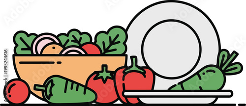 Fresh salad bowl with assorted raw vegetables and empty plate for healthy eating concept