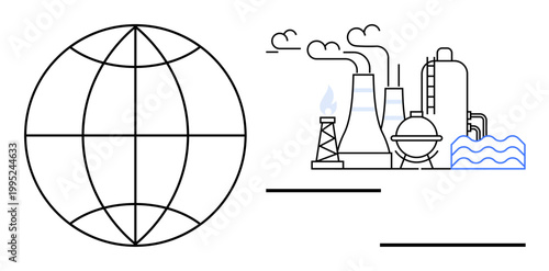 Environmental issues, global warming, energy production, pollution, industry, and sustainability. A globe next to an industrial factory with smoke stacks and emissions. Environmental concerns
