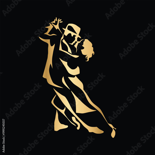 Stylized tango Kizomba dancing couple in elegant gold gradient isolated on black background. Graceful silhouette with expressive pose and dramatic movement. Luxury latin dance logo sign emblem symbol 