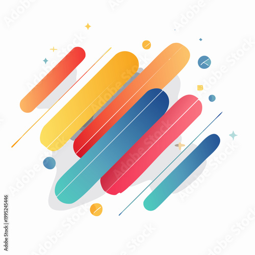 Vibrant abstract illustration features colorful shapes and lines on white background