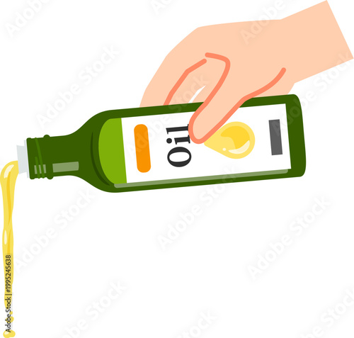 食用油の瓶を傾けてオイルをかける手