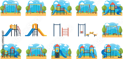 Children playground equipment collection with slides swings climbing frames and outdoor park elements isolated on light background vector illustration set