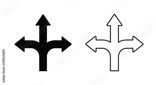 Minimalist vector graphic design showing a three way junction arrow symbol in both solid black and outlined white styles for simple navigation and directional interface signage
