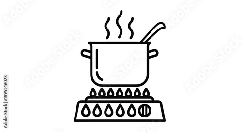 Professional vector illustration of a cooking pot placed on a lit gas stove burner displaying steam rising for culinary website design or food menu graphic projects