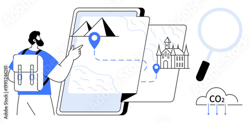 Travel planning, eco-tourism, adventure, navigation, sustainability, environmental awareness. A traveler with a backpack explores a digital map with location pins and CO2 markers. Travel planning