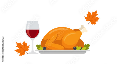 Festive Roasted Turkey with Red Wine and Autumn Leaves, a Delicious Thanksgiving Meal Illustration